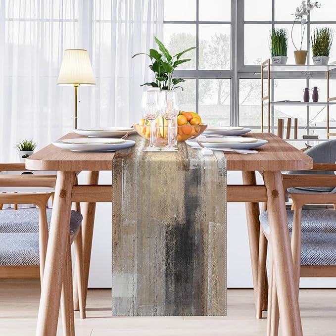 Emvency Farmhouse Table Runner, Abstract White and Brown Art Painting for Kitchen Coffee Table Family Dinners Holiday Parties Wedding Events Decor(13x108 inch)