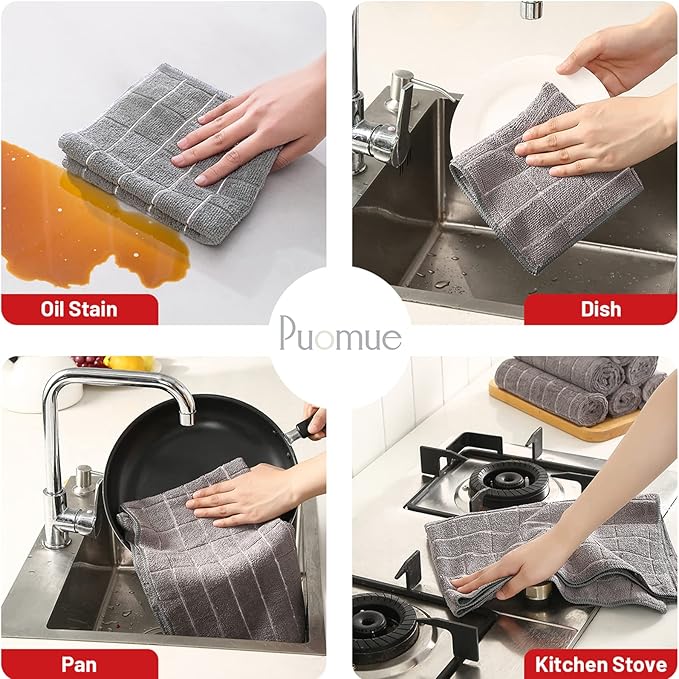 Puomue Microfiber Kitchen Towels and Dishcloths Set, 26 X 18 Inch and 12 X 12 Inch, Set of 12 Bulk Lint Free Dish Towels for Drying Dishes, Grey