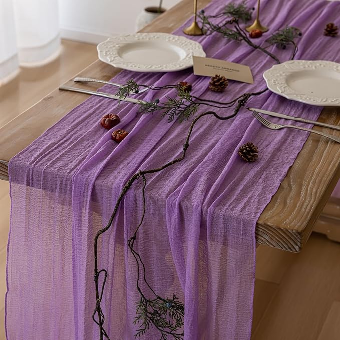 Keketoarrange 6pcs Spring Table Runner Lavender Gauze Rustic Boho Lilac Cheesecloth Grape Table Runner 120 Inch 10 FT for Wedding Baby Bridal Shower Birthday Party Long Sheer Easter Home Decorations
