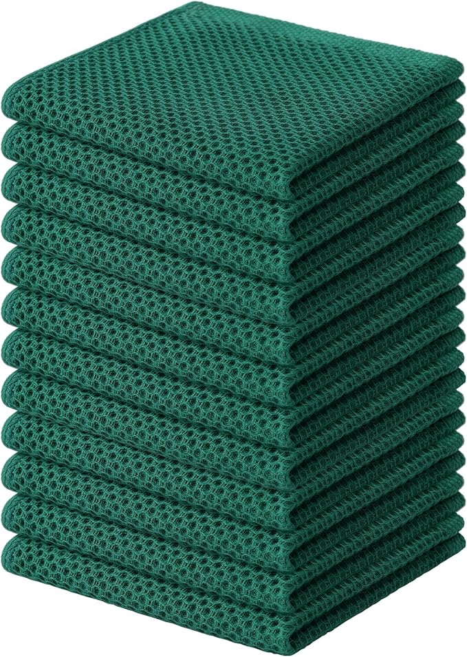 Kitinjoy 100% Cotton Kitchen Dish Cloths (12 X 12 Inches, Dark Green), 12 Pack Waffle Weave Ultra Soft Absorbent Dish Towels for Drying Dishes Quick Drying Kitchen Towels Dish Rags