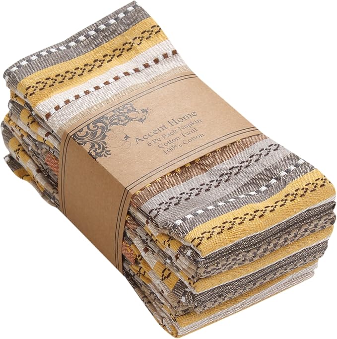 ACCENTHOME 100% Cotton Salsa Stripe Napkin Set of 6 18x18 inch Beige/Mustard Multicolour Dinner Napkins - Washable Soft Premium Hotel Quality Reusable Perfect Table Linen for Family Dinners Wedding
