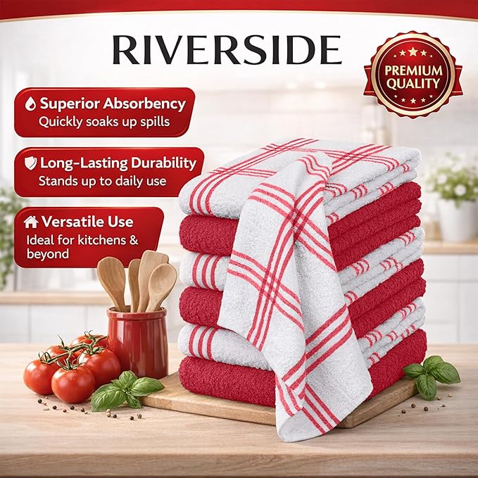 RIVERSIDE Pack of 12 Premium Kitchen Towels 16 x 26 Inches, 100% Cotton Kitchen Hand Towels, Super Soft and Highly Absorbent Dish Towels for Kitchen (Red)