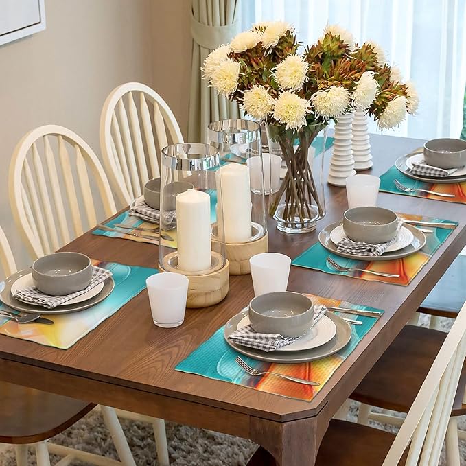 Teal and Orange Abstract Wave Linen Placemats Set of 4, 12 x 18 Inch Washable Non-Slip Heat-Resistant Kitchen Table Mats for Dining Table Outdoor Holiday Wedding Party Farmhouse, Kitchen Home Decor