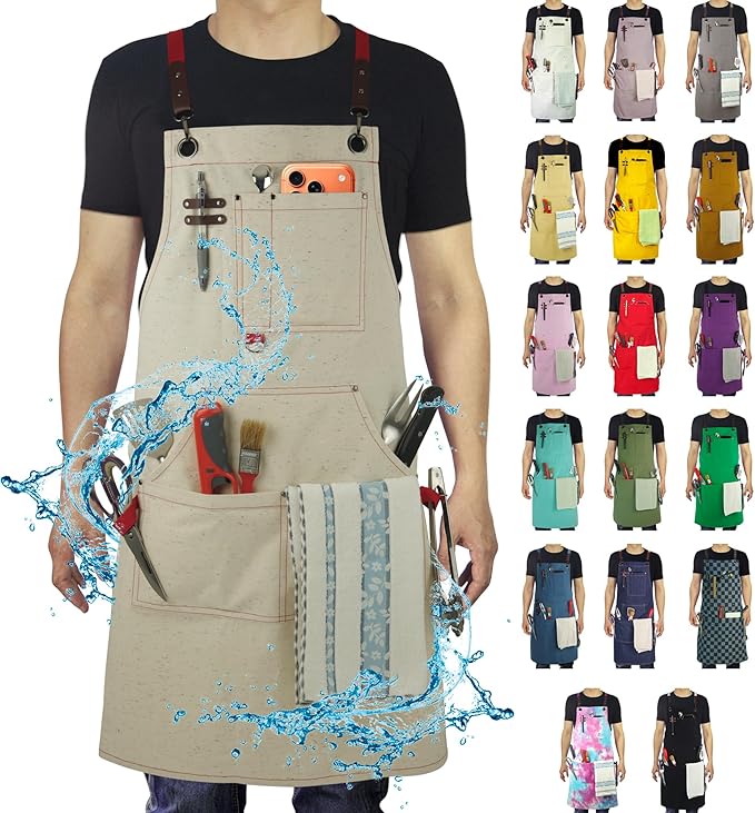 Work Aprons with Multiple Pockets, Waterproof Canvas for Cooking, Painting, Crafting, Gardening, Sizes M to XXL, Colorful Spots