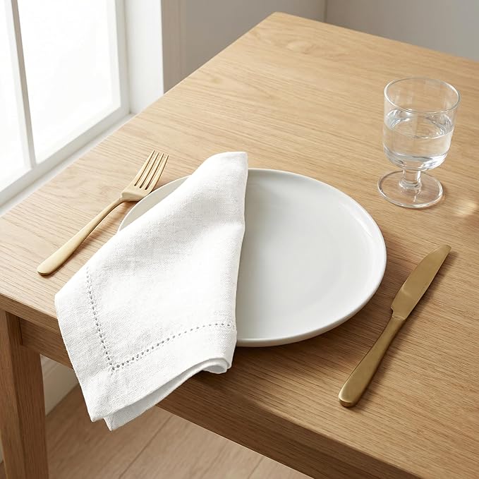 Flax Hemstitchend Cloth Dinner Napkin Set of 12 White 20x20 Inches, Premium Cotton Linen Absorbent Dinning Table Napkins Ideal for Wedding, Spring, Easter | Washable Durable Napkins for Everyday Use