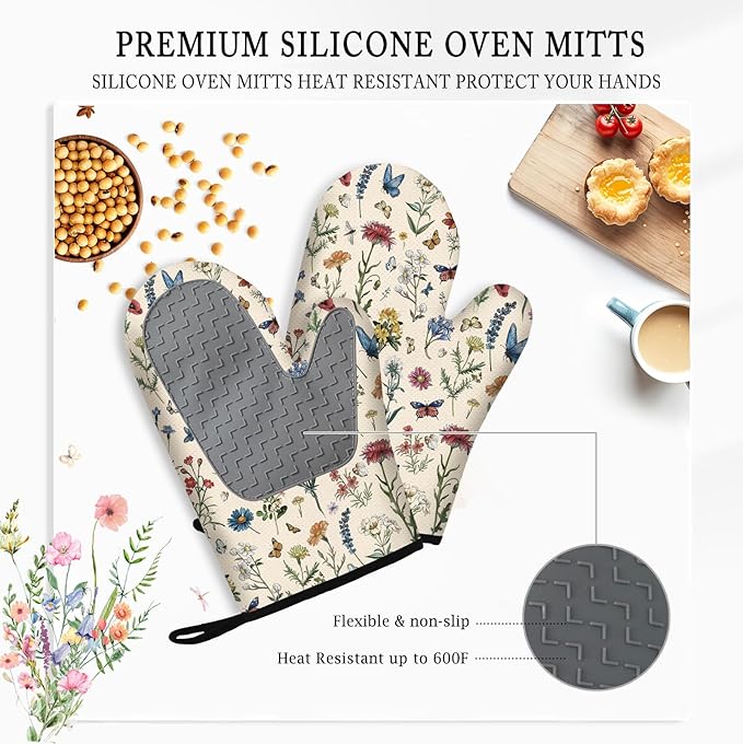 Vintage Floral Oven Mitts and Pot Holders 3Pcs, Retro Floral Silicone Oven Mitts Birthday for Flower Lover, Cute Botanic Wild Flowers Heat Resistant Non-Slip Oven Gloves for Mom Wife Sister
