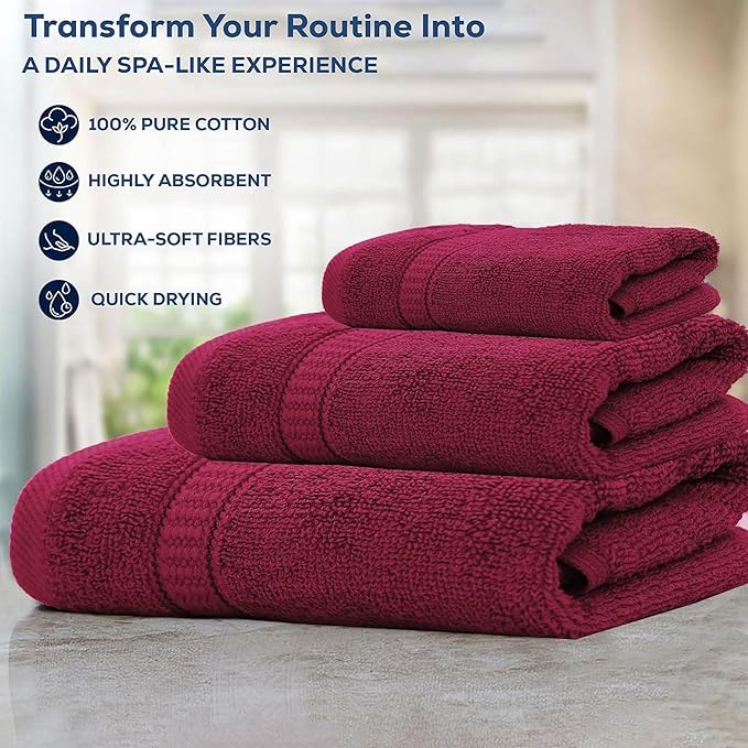 GOLD TEXTILES Premium Bath Towels Set (Pack of 4,27 x 54) 100% Ring-Spun Cotton Bathroom Towels for Hotel, Spa, Soft and Absorbent (27 x 54, Red Wine - 4 Pcs)