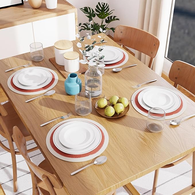 Encasa XO Dining Placemats Set of 4 | Cotton Round Table Mat - 13 in Diameter | Coral & Off White | Handmade Rib Style Chargers for Dinner Plates