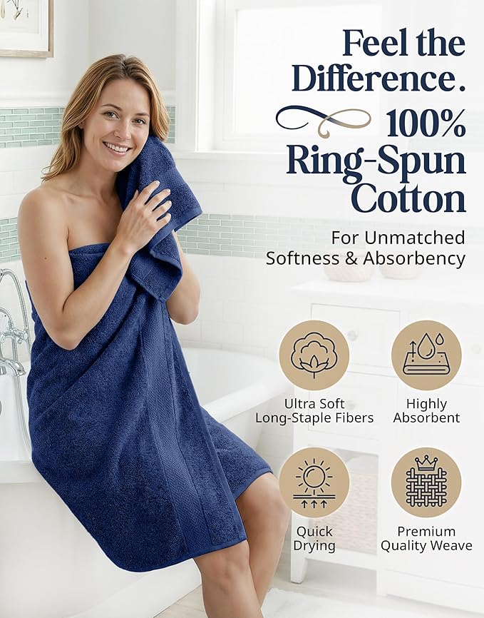LANE LINEN Luxury Cotton Bath Towel Set - 16 Piece - Low Twist, Soft & High Absorbency - 4 Bath, 8 Wash cloths, 4 Hand Towels - Classic Hotel Quality, Durable & Ideal for Modern Bathrooms - Navy Blue