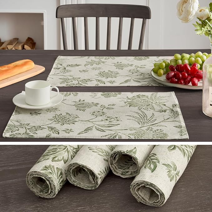 JINCHAN Linen Floral Fall Placemats Set of 4 Cloth Table Mats Rustic Cottagecore Jacobean Outdoor Seasonal for Kitchen Dining Table Decor Washable Tablemats 13x19 Inch Green