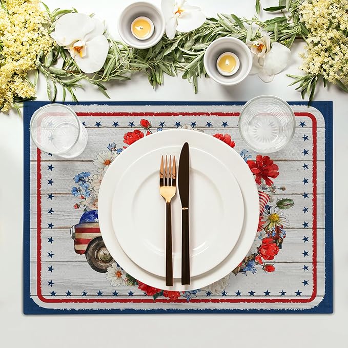 Patriotic Truck Linen Placemat Sets American Flag Flowers Place Mat for Home Dining Tabletop Decor