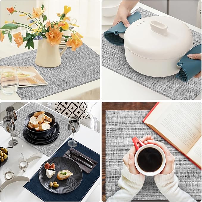 Niviy Grey Placemats Set of 4, 12x18 Inch Washable Easy to Clean Heat-Resistant Anti-Skid Grey Placemats for Holiday Party Kitchen Dining Room Decoration