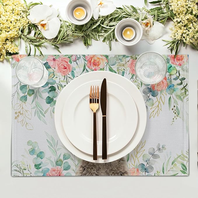Easter Bunny Placemats Set of 4 Eucalyptus Leaves Rabbit Rose Place Mats 12x18 Inch Spring Seasonal Vintage Farmhouse Heat Resistant Washable Table Mats for Party Kitchen Dining