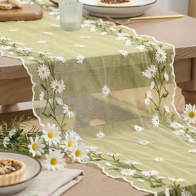 Artoid Mode Daisy Floral Yellow Shaped Gauze Embroidery Table Runner 120 Inch 10FT, Tulle Spring Summer Kitchen Dining Table Decor for Home Party