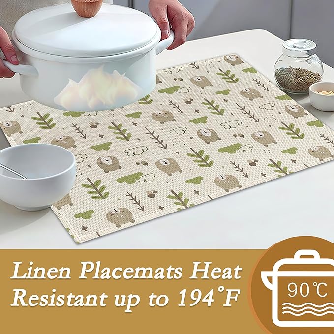 Cat Dog Dinosaur Frog Bear Placemats,Cute Cartoon Patterns Table Mats Set of 6,12x18 Inch,Waterproof Oil-Proof Washable and Reusable Linen placemats Holiday Party Kitchen Table Decorations