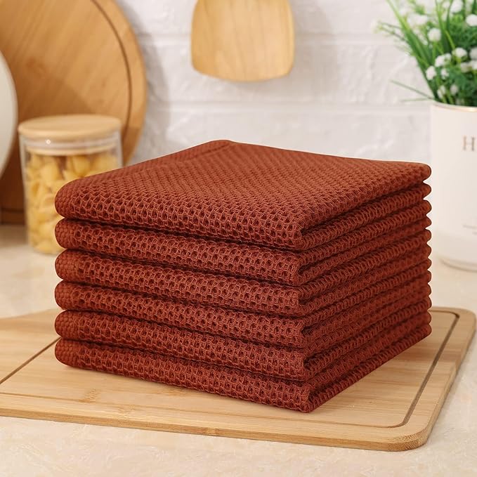 Kitinjoy 100% Cotton Kitchen Dish Cloths (12 X 12 Inches, Rust), 8 Pack Waffle Weave Ultra Soft Absorbent Dish Towels for Drying Dishes Quick Drying Kitchen Towels Dish Rags