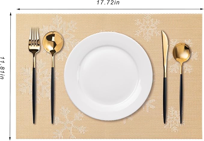 CADONO Placemats Set of 4 Washable Indoor/Outdoor Vinyl Place Mats for Dining Table Durable Non-Slip Heat Resistant PVC Weave Table Mats（Christmas Snow-Gold）