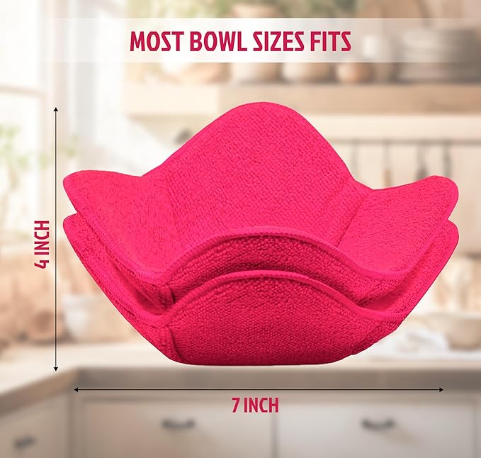 Set 2X Pink 7" sq. x 4" H Inch Microwave Bowl Cloth Hot Pads Pot Holders Polyester Microwavable Bowl Cozies for Food, Ooma, Ramen Bowls Cozy or Soup Koozie, Good Kitchen Accessories, Gadgets