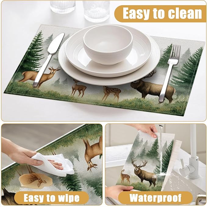 Misty Forest Deer Placemats Set of 6, Watercolor Tree Linen Place Mat Washable Stain Resistant Table Mats for Kitchen Dining Holiday Party 12x18 Inch