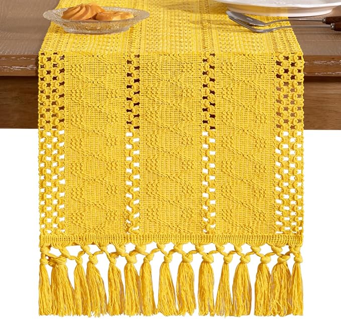 Socomi Boho Table Runner Easter Spring Farmhouse Rustic Dining Kitchen Centerpiece Decor Small Macrame Woven Cotton Linen Coffee Table Runner for Dresser Scarf Home Decor 12x72 in Yellow Gold