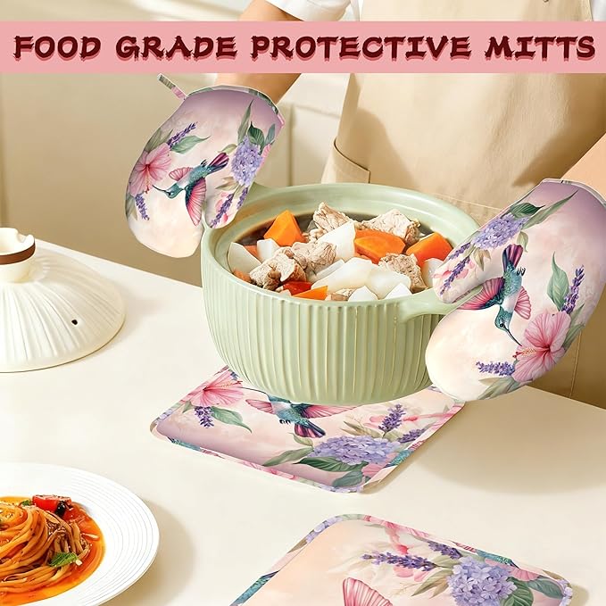 Hummingbird Heat-Resistant Silicone Oven Mitts and Pot Holders 4 Piece Set,Pink Flower Extra Long Non-Slip Kitchen Oven Gloves for Cooking, Baking, BBQ,Grilling