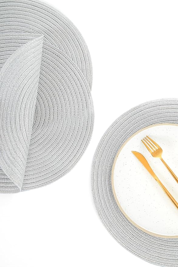 Floroom 15 Inch Round Braided Placemats Set of 4, Washable Heat Resistant Cotton Polyester Circle Place Mats for Kitchen Dining Table - Shimmer Silver