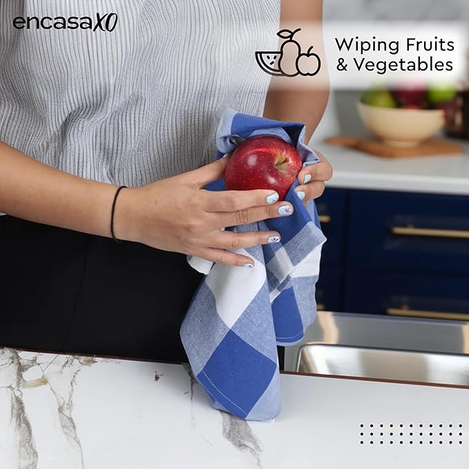 Encasa XO Cotton Kitchen Towel Set | Hand and Tea Cloth for Cleaning & Quick Drying, X-Large 28"x18" (Pack of 4) Highly Absorbent - Buffalo Blue Checks