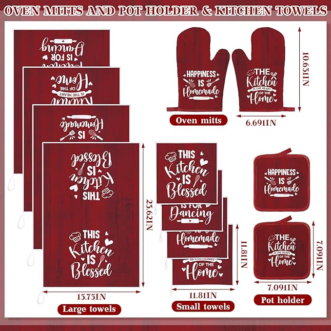 12 Pcs Farmhouse Kitchen Decor Sets 4 Red Kitchen Hand Towels 4 Dish Clothes 2 Rustic Pot Holders 2 Burgundy Oven Mitts Glove Hand Towels and Dishcloths Sets for Home Decorations Accessories Mom Gift