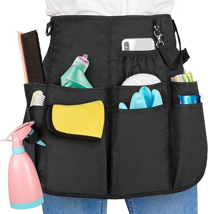 LoDrid Professional Cleaning Apron with 9 Pockets and Adjustable Waist Belt, Cleaning Caddy Aprons for Cleaning Work of House Hotel, Black