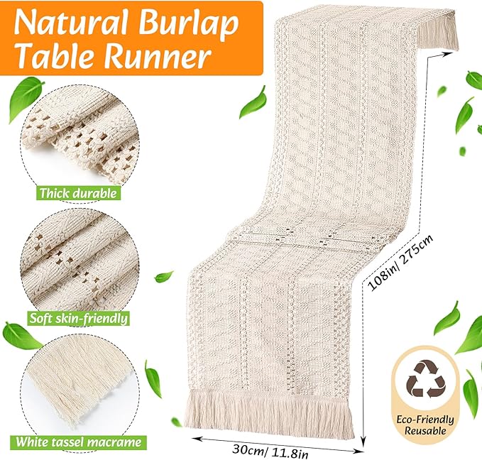 8 Sets Boho Placemats Set Round Woven Placemats, Cloth Napkins, Wood Bead Napkin Rings, White Table Runner with Tassel and Farmhouse Rustic Cotton Burlap for Kitchen (Style 1)