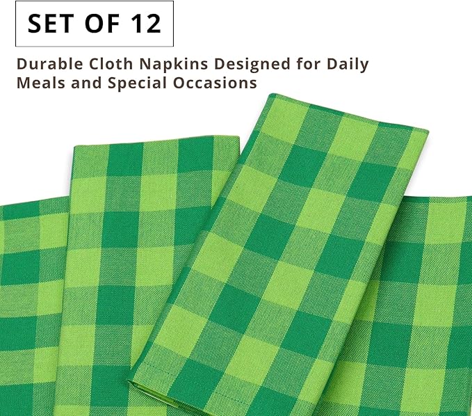 PurpleEssences Buffalo Plaid Cloth Napkins - Mitered Corners - St Patricks Day Summer - Gingham Check Dinner Napkin - Set of 12-100% Cotton - 18x18 Inch - Reusable Washable - St Patricks Green