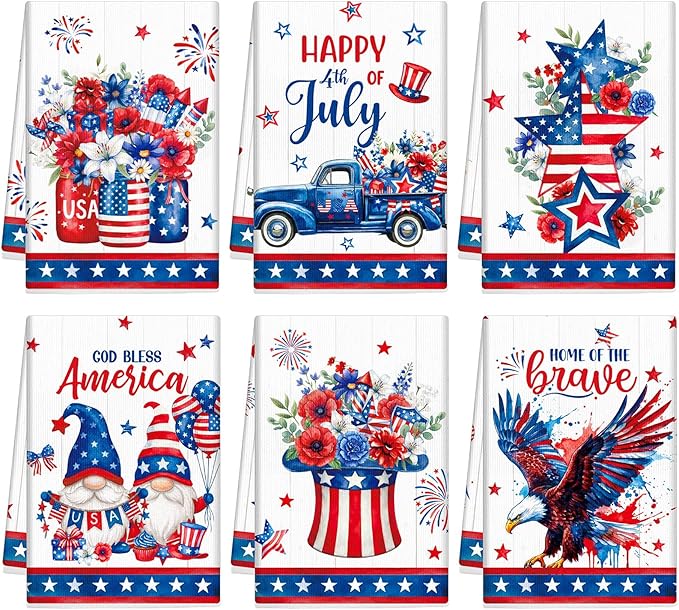 Breling Set of 6 4th of July Kitchen Towels Patriotic Themed Dish Towel Bathroom Decorative Rustic Cloths for Independence Day Kitchen Bathroom Home Cooking Housewarming, 14 x 21 Inch