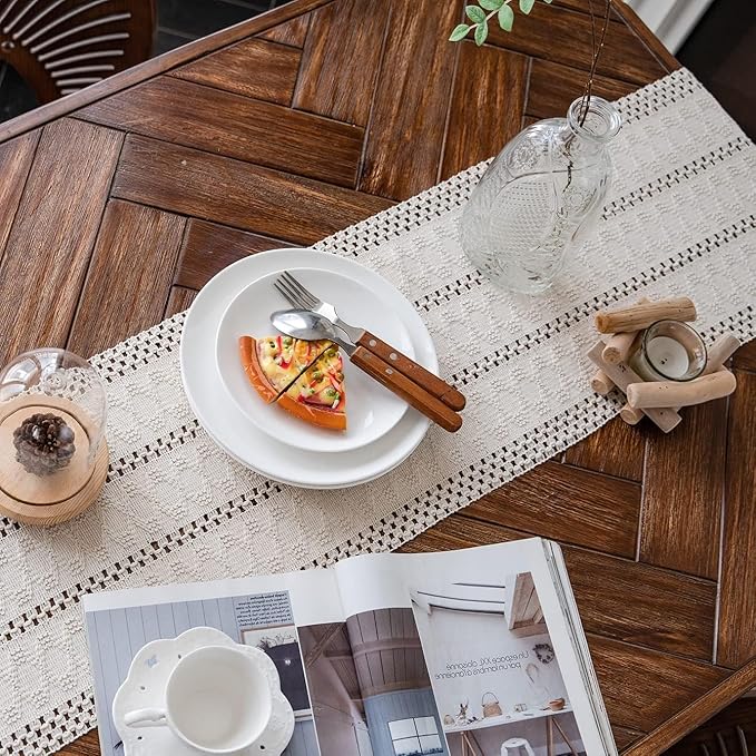Alynsehom Macrame Table Runner Cream Beige Boho Table Runners with Tassels Hand Woven Cotton Table Runner Rustic Farmhouse Table Runners for Bohemian Kitchen Dining Table(12x36in)