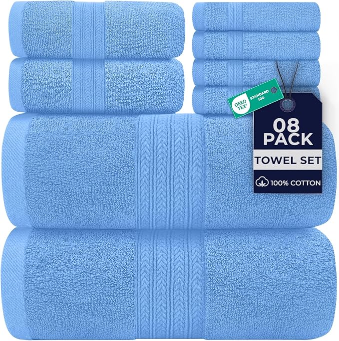DAN RIVER 8 PC Luxury Bath Towels for Bathroom, 2 Bath, 2 Hand, and 4 Wash Cloths, 600 GSM 100% Ring Spun Cotton Towel Set, Highly Absorbent, Gym, Hotel, and Spa, Medium Blue