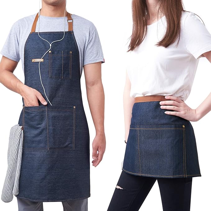 KPD Denim Apron With Pockets - Adjustable Blue for Kitchen, BBQ, and Garden - Work Apron for Men and Women