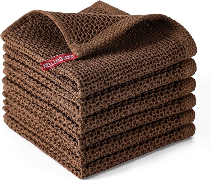 BOOMIBOO 6-Pack Kitchen Dish Cloths, 100% Cotton Waffle Weave, Ultra Soft Absorbent, Quick Drying Dish Towels, 12x12 Inches,Dark Brown