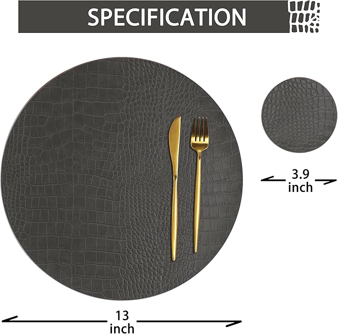 Round Leather Placemats for Round Tables Set of 4, Gray Table Place Mats and Coasters, Washable Easy to Care for Indoor Decor 13" Diameter