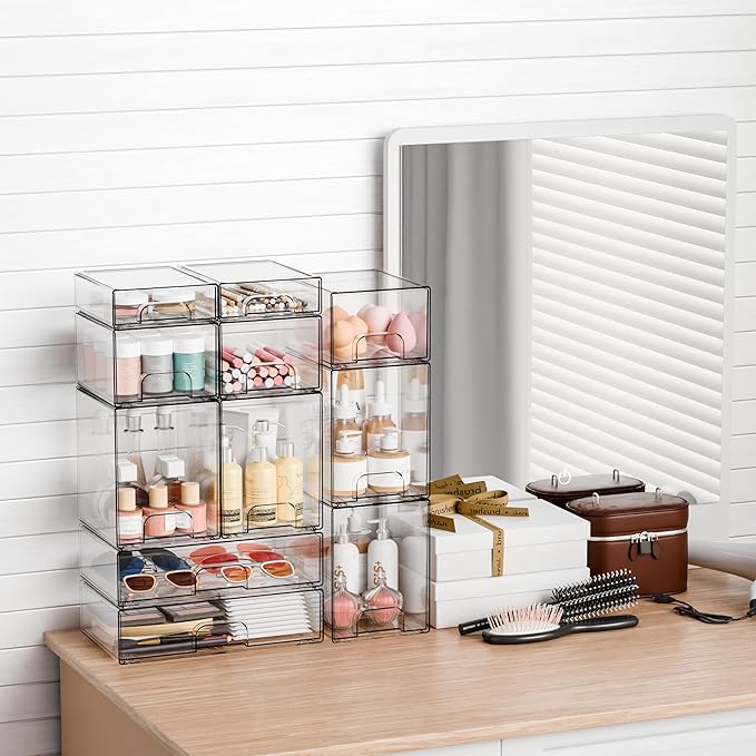 Yieach 2 Pack Clear Stackable Storage Drawers,7.6" H Baby Bottle Organizer,Acrylic Drawer Containers for Cosmetics,Skincare,Beauty Products,Cabinet,Vanity,Kitchen,Under Sink and Bathroom Storage Bins