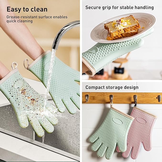 Silicone Oven Gloves with Fingers, High Temperature 450F Heat Resistant Oven Mitts Waterproof & Non-Slip Good Grip BBQ Grilling Gloves for Kitchen Cooking, Baking, Welding (Green) ﻿