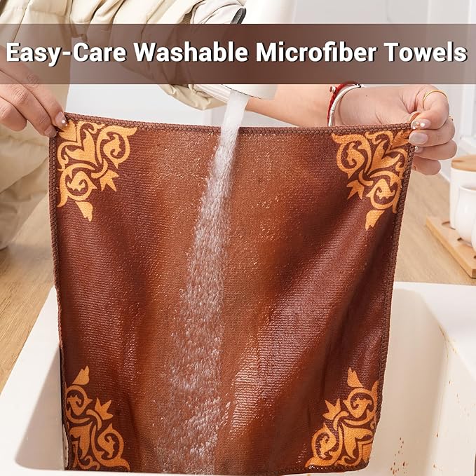 YUA Microfiber Cleaning Cloth 12 Pack,Microfiber Towels Cleaning,Microfiber Towels for Cars,Absorbent Dish Washing Cloth,Reusable Cleaning Cloths Lint Free (Brown Corner Flower)