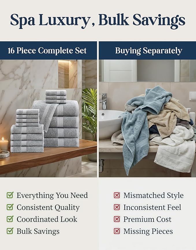 LANE LINEN 100% Cotton Turkish Towel Set for Bathroom - 16 Piece - Super Soft, Quick Dry & Highly Absorbent - 4 Bath, 8 Wash cloths, 4 Hand Towels - Hotel Quality, Durable & OEKO-TEX Certified - Grey