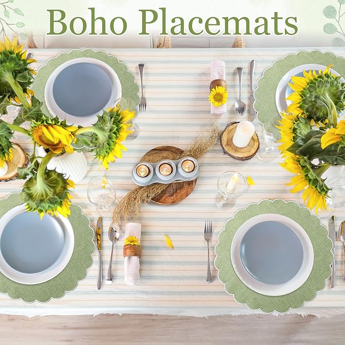 Set of 6 Round Placemats 15 Inch Cotton Scalloped Embroidery Placemat Washable Double Layered Rustic Dinner Table Mat Decor Fabric for Hotel Restaurant Kitchen(Green/White,Classic)