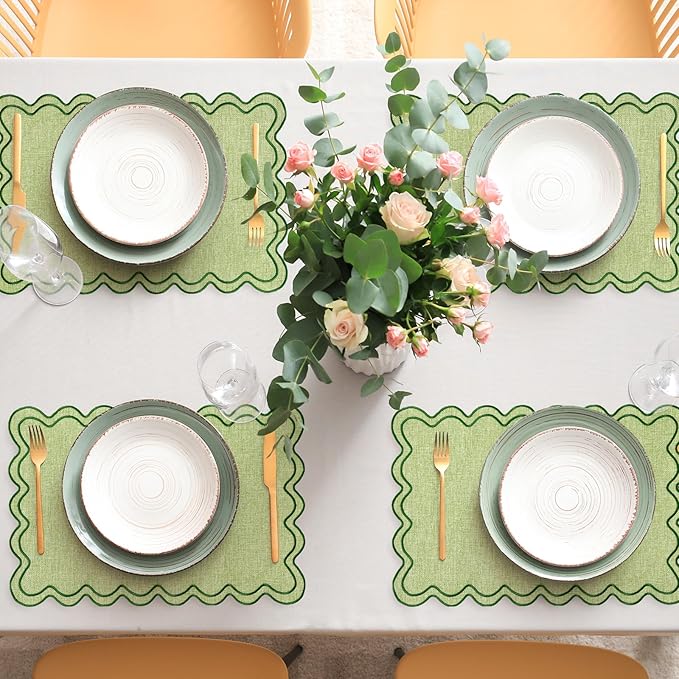 Whaline Green Placemats Embroidered Scalloped Kitchen Place Mats for Spring Baby Shower Party Home Dining Table Decor, Set of 6, 13 x 19 in