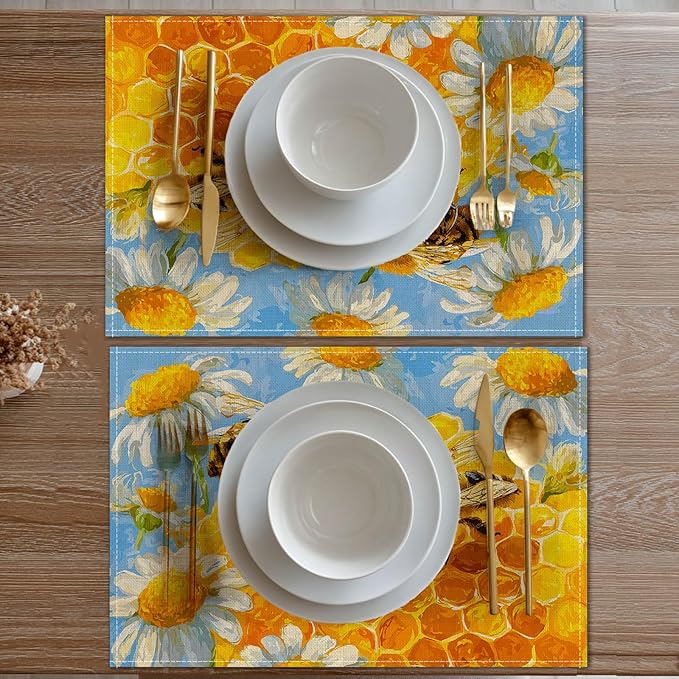 HOMETITUTE Placemats Set of 4 12x18 inch Spring Table Mats for Dining Table Honeycomb Bee Linen Placemats Farmhouse Decorations Kitchen Decor Desk Mat for Outdoor Home Party Kitchen Seasonal Dining