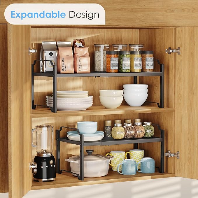 2 Pack 11” Width Expandable Kitchen Cabinet Organizer Shelves, Metal Kitchen Countertop Organizers and Storage Shelving, Heavy Duty Stackable Storage Rack Shelf For Pantry Cupboard Counter Tabletop