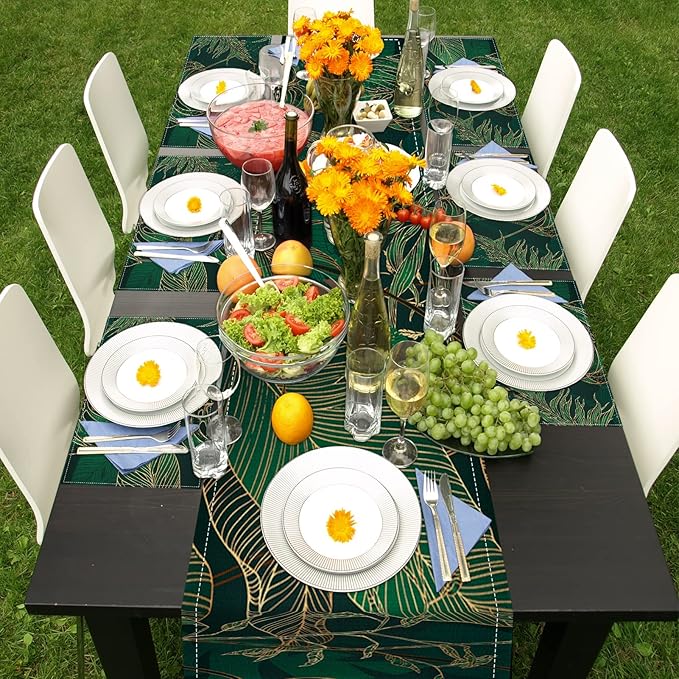ArtSocket Palm Leaves Table Runner and Placemats Set of 6, Luxury Geometric Green Gold line Modern Tropical Dining Decor for Daily Use(1 Table Runner 72 inches Long and 6 Placemats)