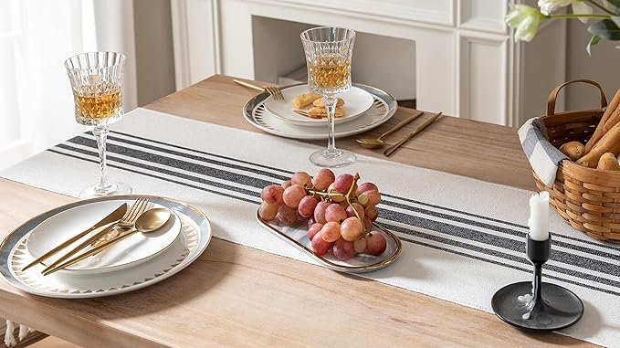 Boho Table Runner for Modern Farmhouse Decor, Dining Table décor 13 x 108 Inch Long, Coffee Table Runner with Handcrafted Tassels, Black and Beige, for Home Bohemian Decoration