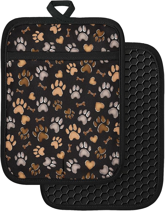 Slohif Silcone Paw Pot Holders for Kitchen - 100% Cotton Black Cute Oven Potholders with Pockets, Heat Resistant Square Thick Hot Pads, House New Home Baking Baker Gifts,2pack