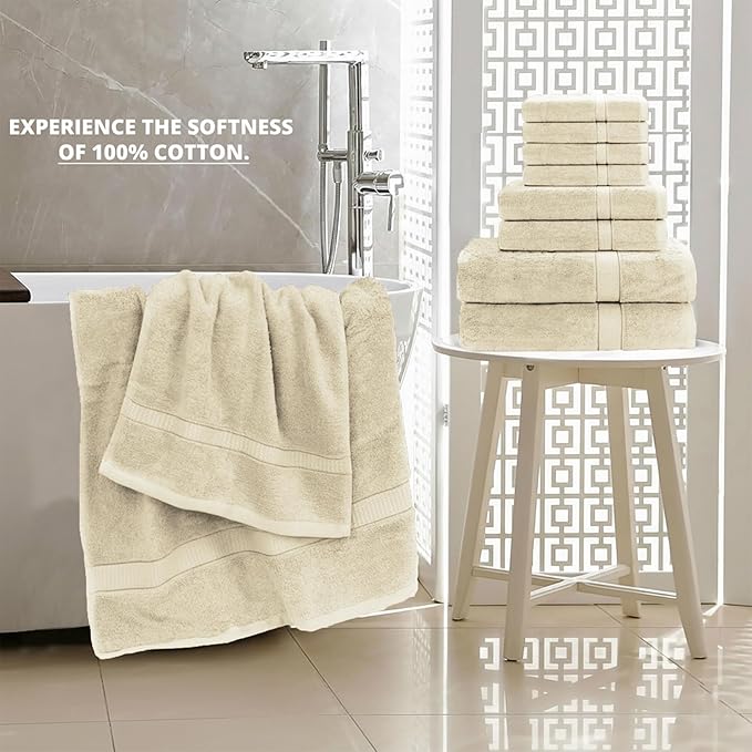 GOLD TEXTILES Premium Bath Towels Set (Pack of 4,27 x 54) 100% Ring-Spun Cotton Bathroom Towels for Hotel, Spa, Soft and Absorbent (27 x 54, Sand - 4 Pcs)