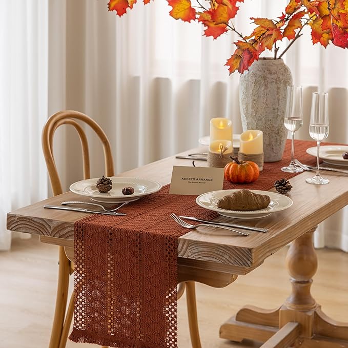 Keketoarrange Boho Rust Table Runner for Home Decor 12x72 Inches Farmhouse Macrame Burlap Jute Rustic Dining Kitchen Centerpiece Bohemian Decor French Country Baby Bridal Shower Decorations